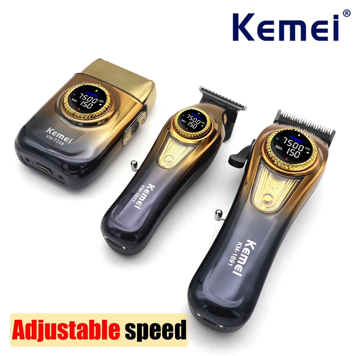 A Kemel KM-T228 hair clipper and KM-1691 hair clipper with adjustable speed settings.