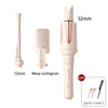 A pink professional automatic rotating ceramic hair curler with a 32mm barrel and 13mm tip, shown alongside its components.