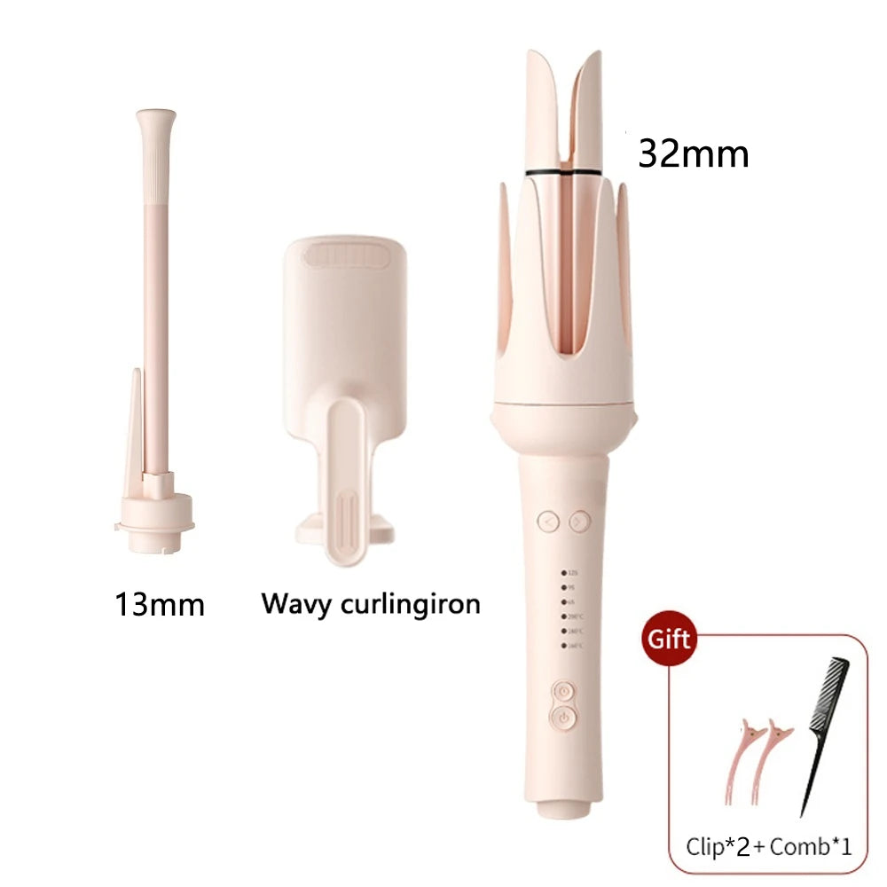 A pink professional automatic rotating ceramic hair curler with a 32mm barrel and 13mm tip, shown alongside its components.