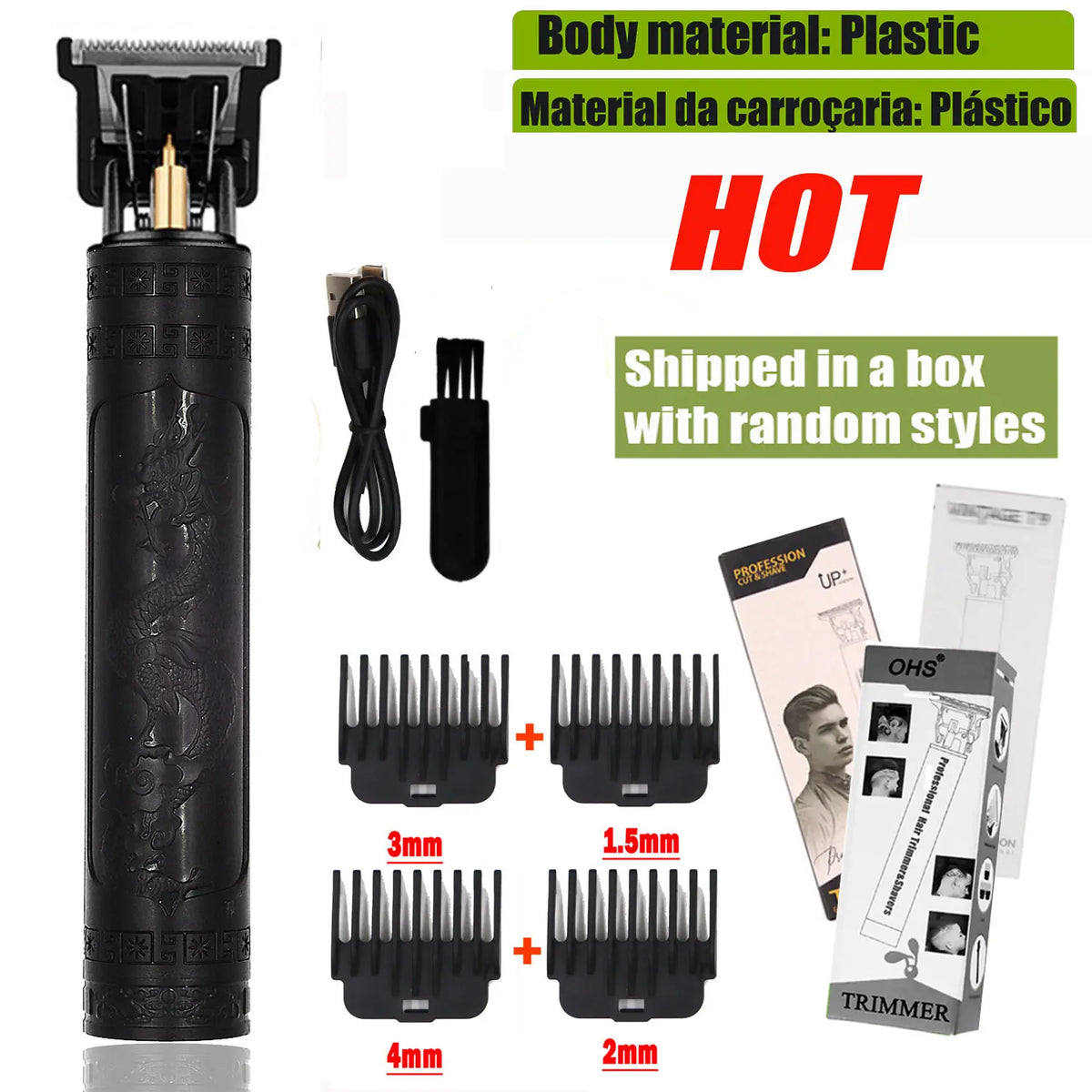 Black electric hair trimmer with various guard styles including 3mm, 1.5mm, 4mm, and 2mm combs