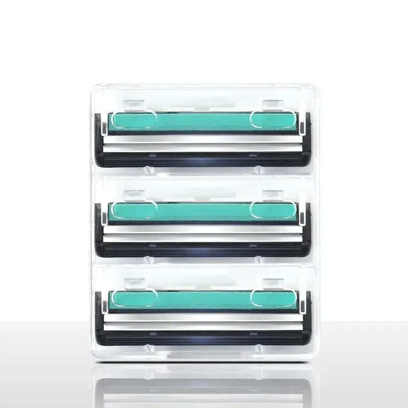 A clear plastic case containing three double blade replaceable shavers.