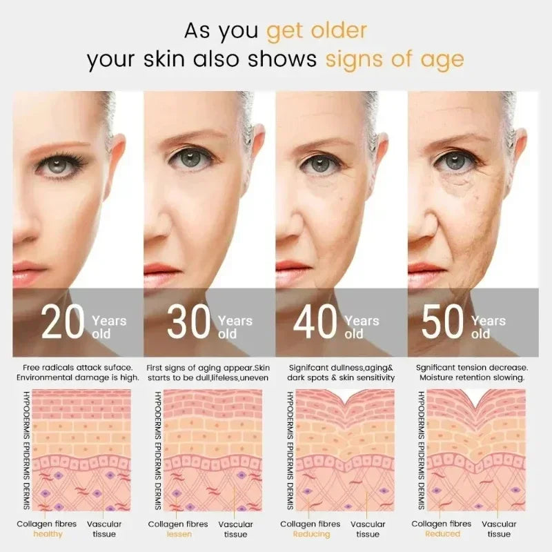 Diagram showing skin aging signs and collagen fiber changes across different ages.