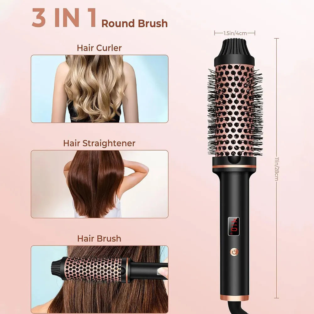 A black round brush hair curler and straightener tool with a pink and black design shown alongside its components.