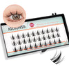 A set of individual lash clusters for eyelash extensions shown next to a close-up of an eye.