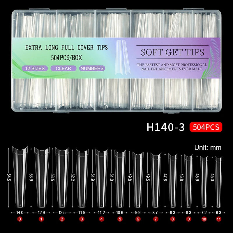 Une boîte de H140-3 extra longue pour des conseils de soins pour les extensions d'ongles, de différentes tailles.