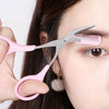 A hand holds a pink precision eyebrow trimmer set, showing the grooming tool near a woman's eye.