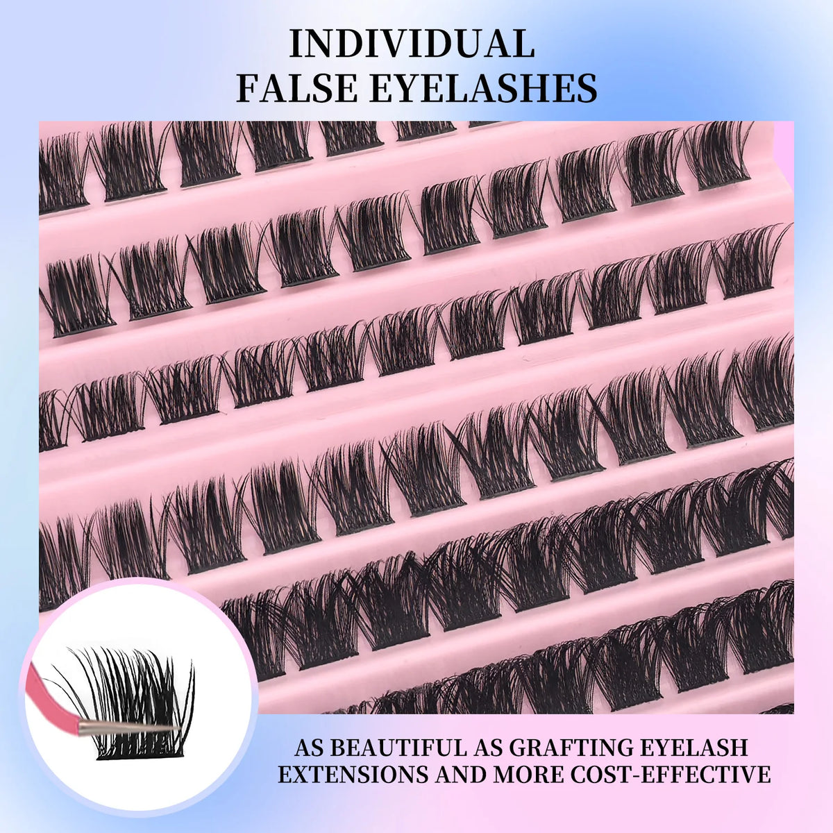 Individual false eyelashes in a pink tube demonstrating the natural cat eye look.