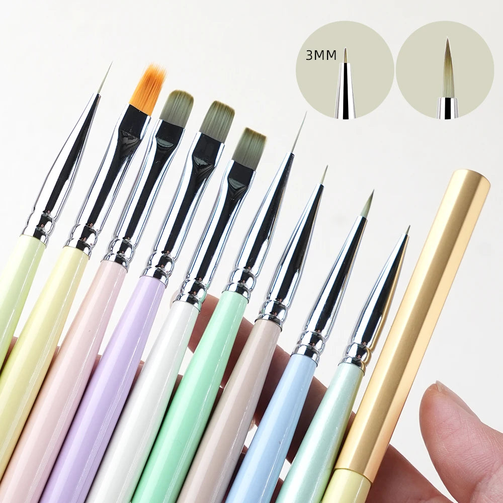 A collection of professional nail art brushes in various pastel colors and shades, shown alongside a size reference.