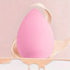 A pink egg-shaped makeup brush is displayed on a light background with other brushes.