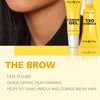Yellow tube of Peiwen eyebrow gel with a white cap shown next to a woman's face.