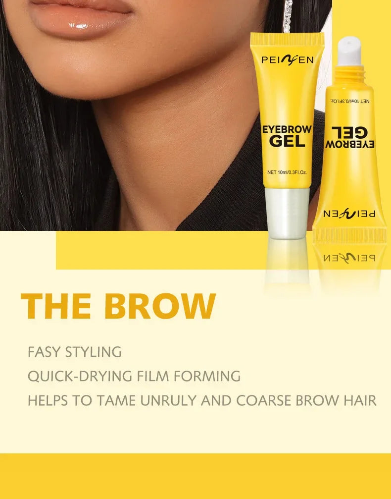 Yellow tube of Peiwen eyebrow gel with a white cap shown next to a woman's face.