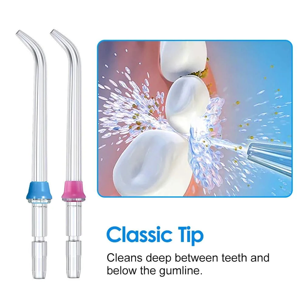 Two clear replacement tips for a water flosser, showing the classic tip design.