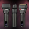 A black professional electric hair shaver with a gold foil trimmer attachment shown in three views.