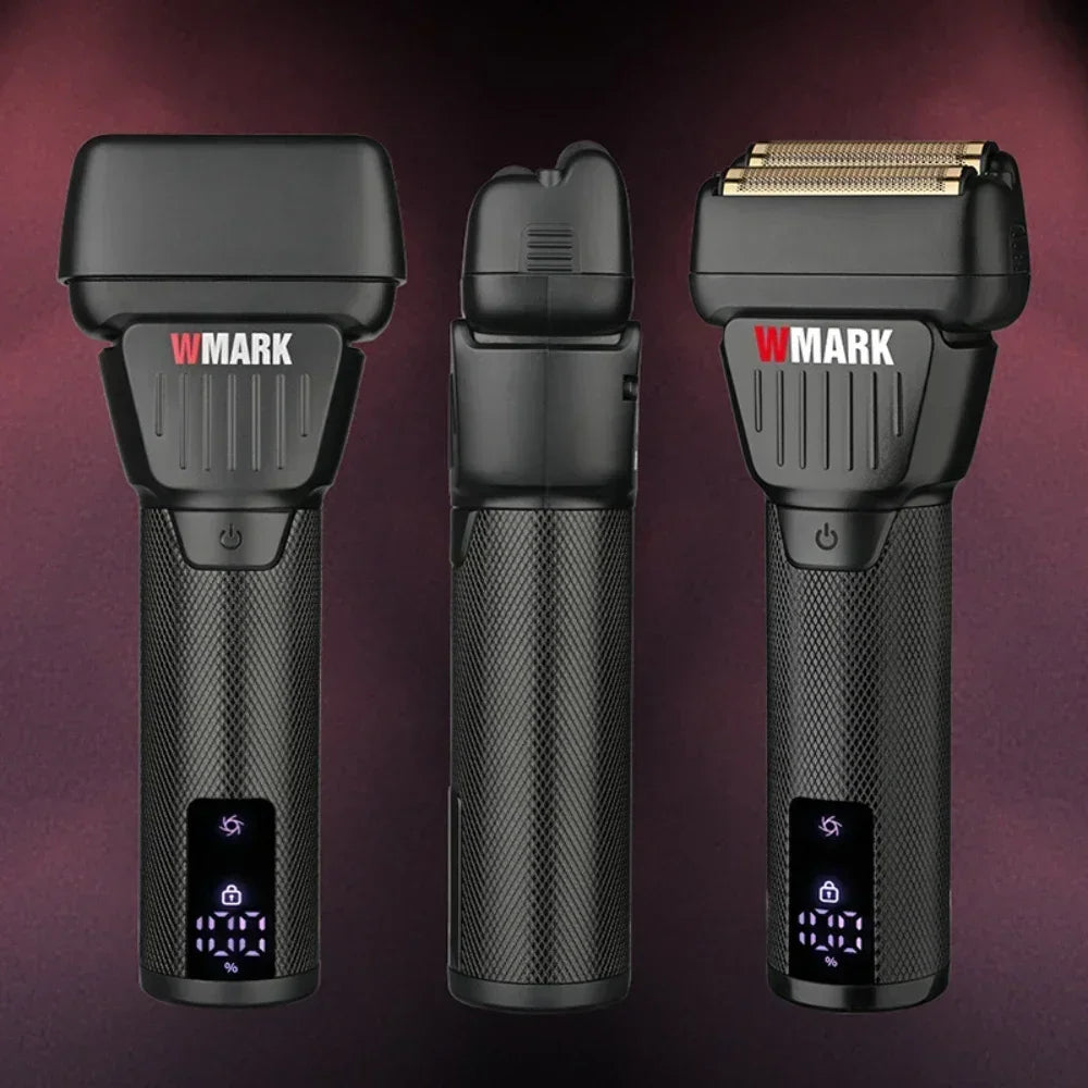 A black professional electric hair trimmer with a gold-colored blade and digital display.