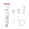 A pink and white 4-in-1 electric hair removal kit with a shaver head, foil, and charging cable.