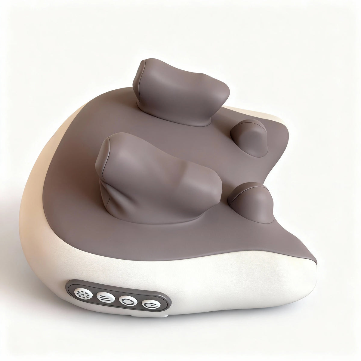 A beige portable shiatsu neck massager pillow with rounded, dark gray massage pads and control buttons.