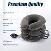 Gray inflatable cervical neck traction pillow with a metal leak-proof interface and adjusting straps