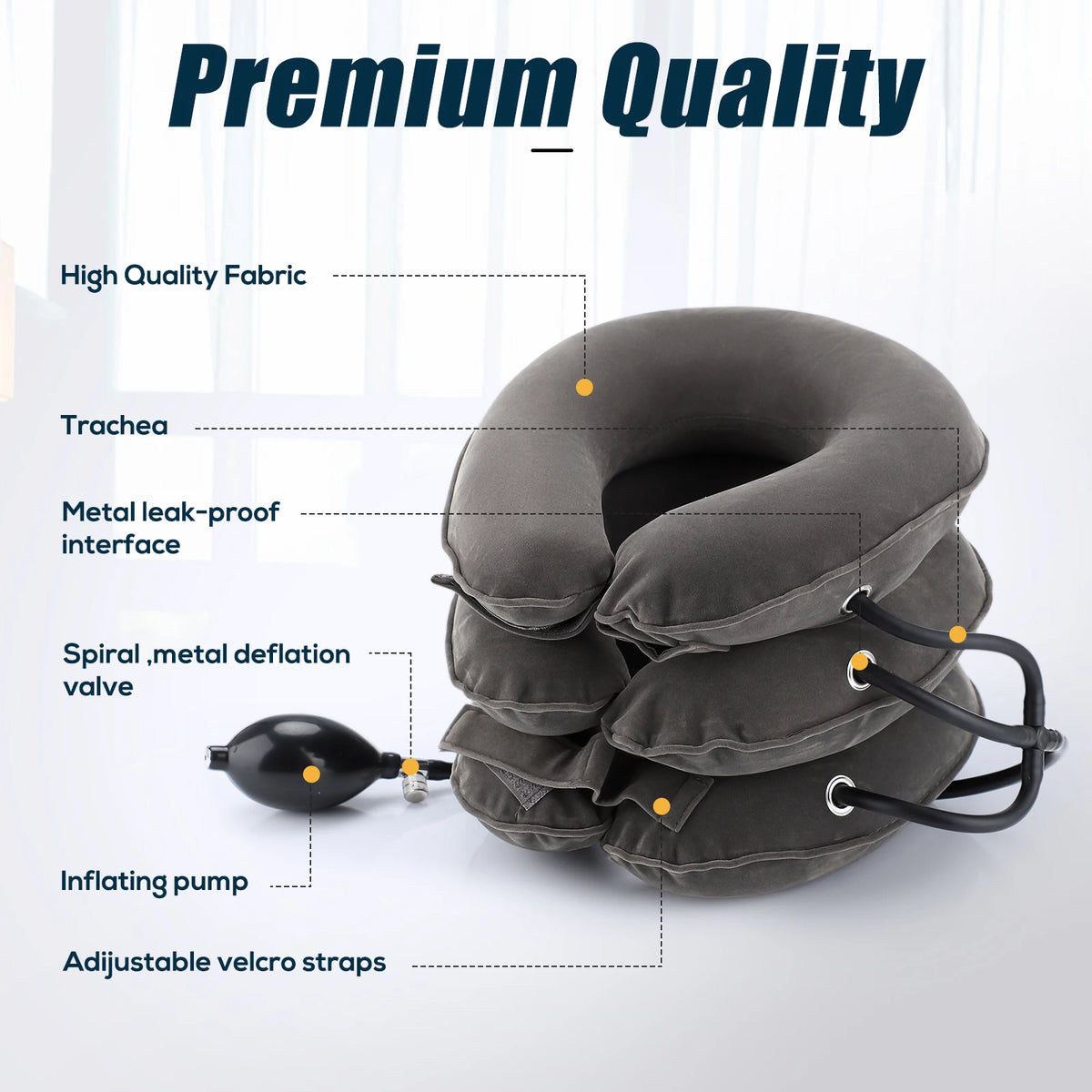 Gray inflatable cervical neck traction pillow with a metal leak-proof interface and adjusting straps