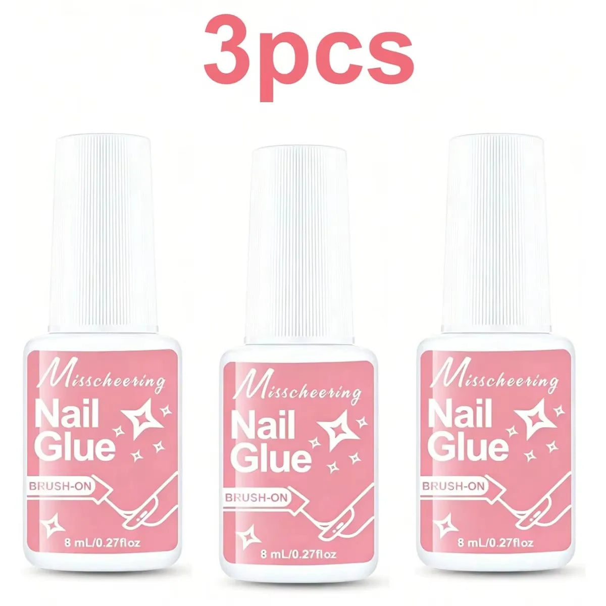 Three bottles of Mischeering Nail Glue brush-on product in pink packaging