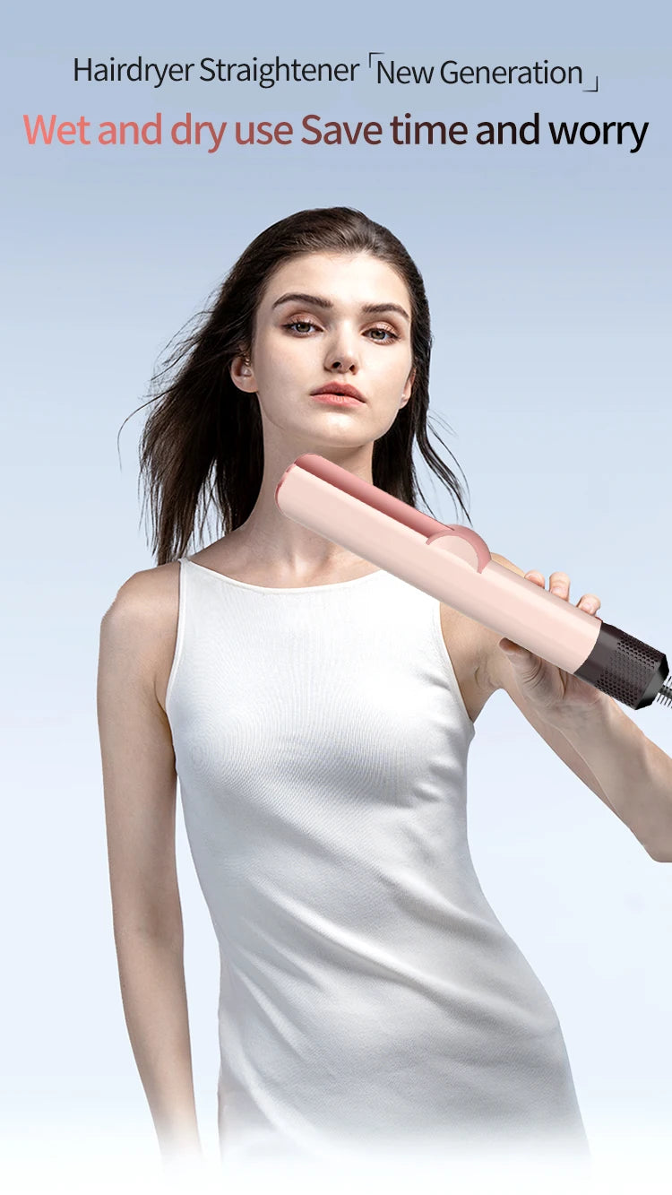 A woman holds a pink hair dryer straightener while wearing a white tank top.