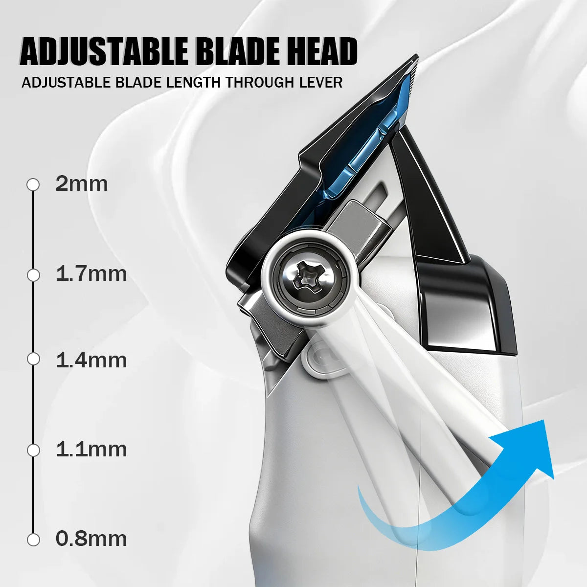Adjustable blade head of a professional brushless electric hair clipper showing various blade lengths.