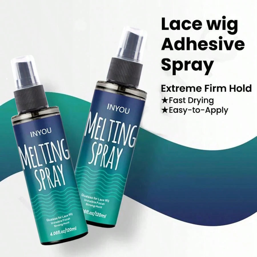 A bottle of Inyou Melting Spray for lace wigs with adhesive spray instructions and product details.