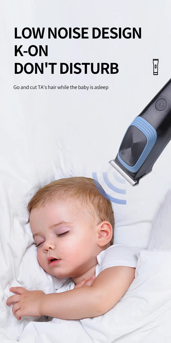 A baby is sleeping while a professional rechargeable electric hair clipper is used to cut their hair.