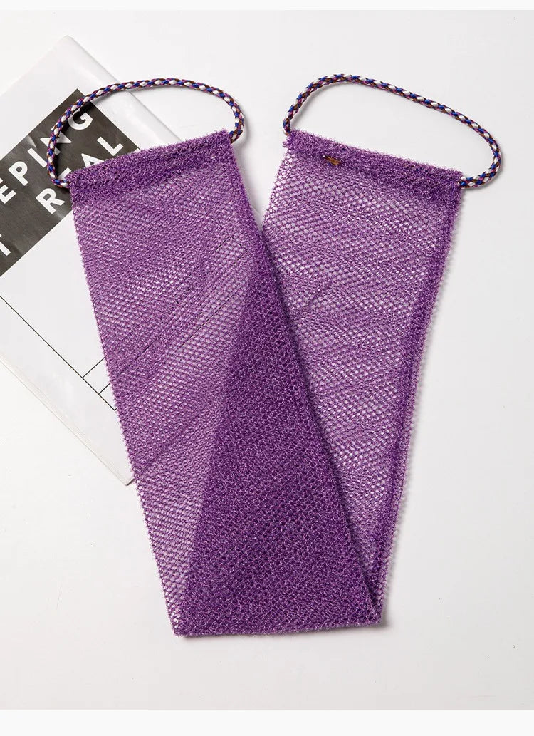 Purple exfoliating African net body scrub sponge with braided handles