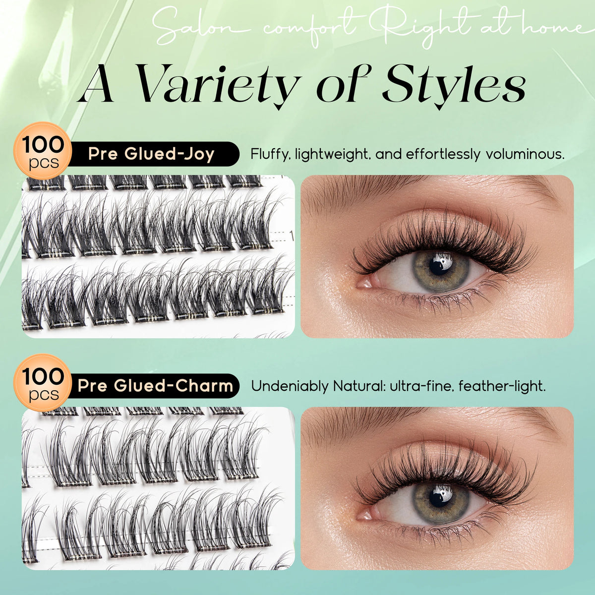 A variety of eyelash extensions including Pre Glued-Joy and Pre Glued-Charm styles for natural lash clusters.