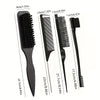 A set of professional pointed tail combs in black with various sizes and angles for precise hair parting.