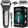 A black and silver rechargeable Kemei shaver with a charging cable and accessories shown on a box.
