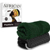 A dark green exfoliating loofah sponge is shown next to its packaging.