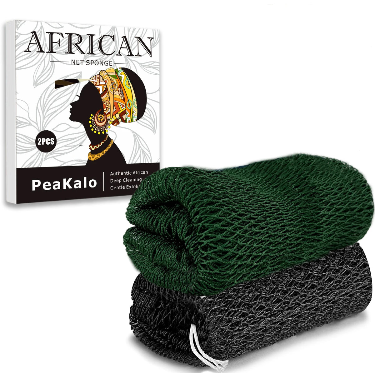 A dark green exfoliating loofah sponge is shown next to its packaging.