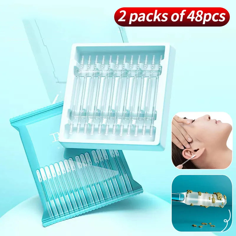 Two packs of 48 pieces of gentle ear wax removal sticks in clear plastic packaging.