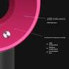 Close-up view of a pink bladeless hair dryer showing LED indicators and temperature settings.
