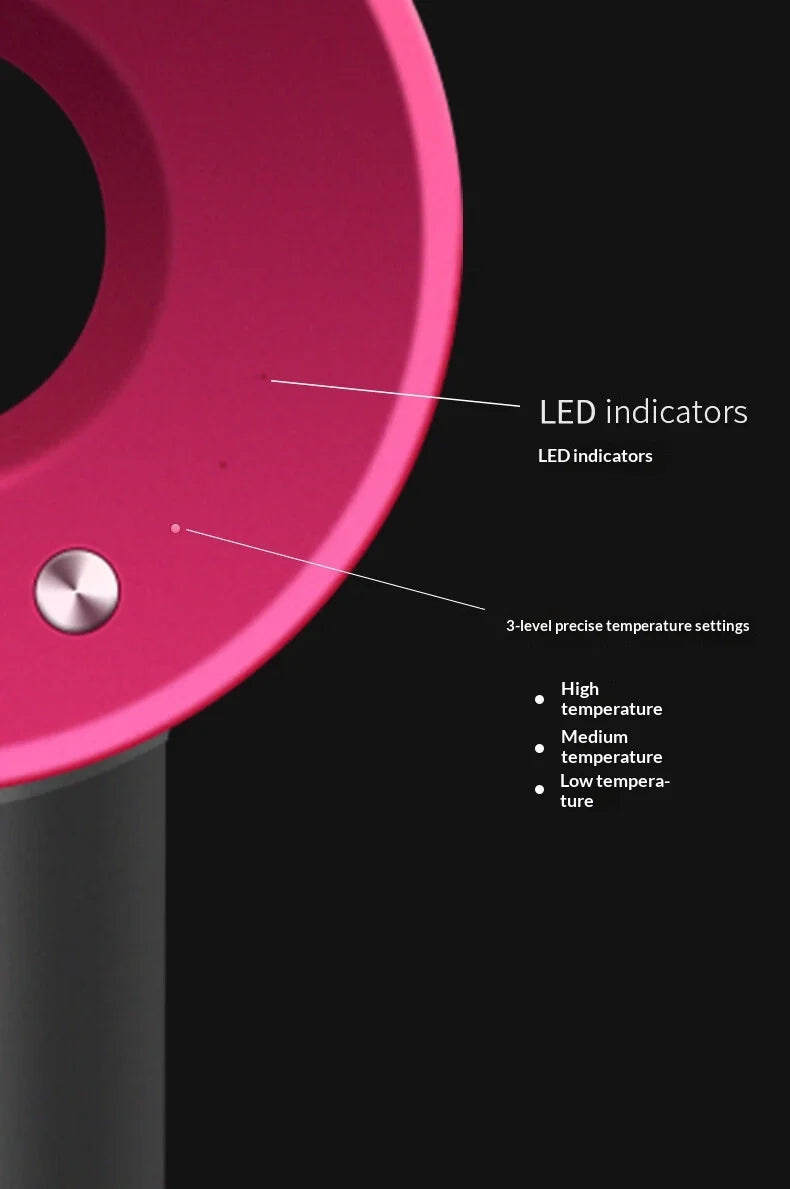Close-up view of a pink bladeless hair dryer showing LED indicators and temperature settings.