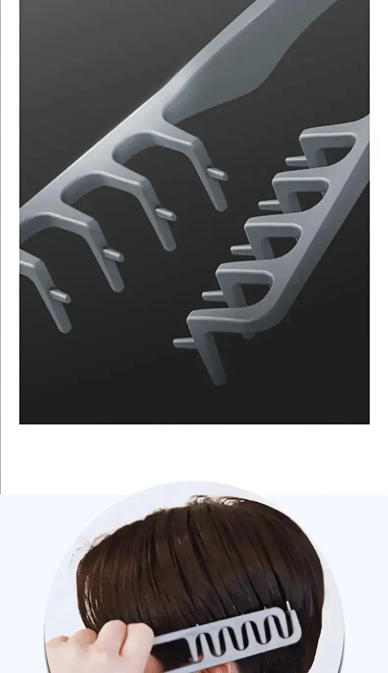 A hand is holding a black volumizing wide-tooth hair styling comb for men against a dark background.