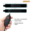 A black LED therapy belt is shown with a control device, demonstrating timer, frequency, brightness, and on/off settings.