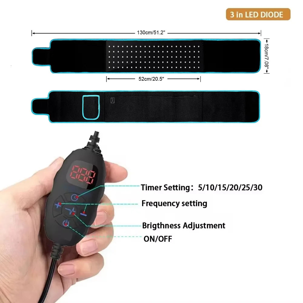 A black LED therapy belt is shown with a control device, demonstrating timer, frequency, brightness, and on/off settings.