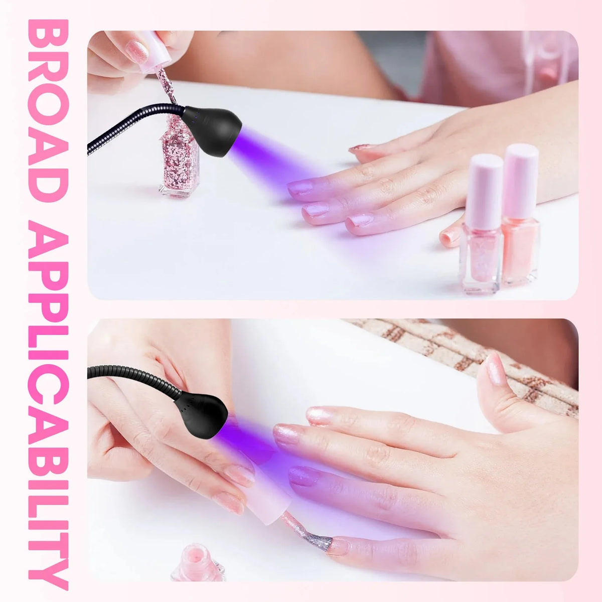 Hands applying a clip-on UV LED nail lamp with a flexible gooseneck to a fingernail.