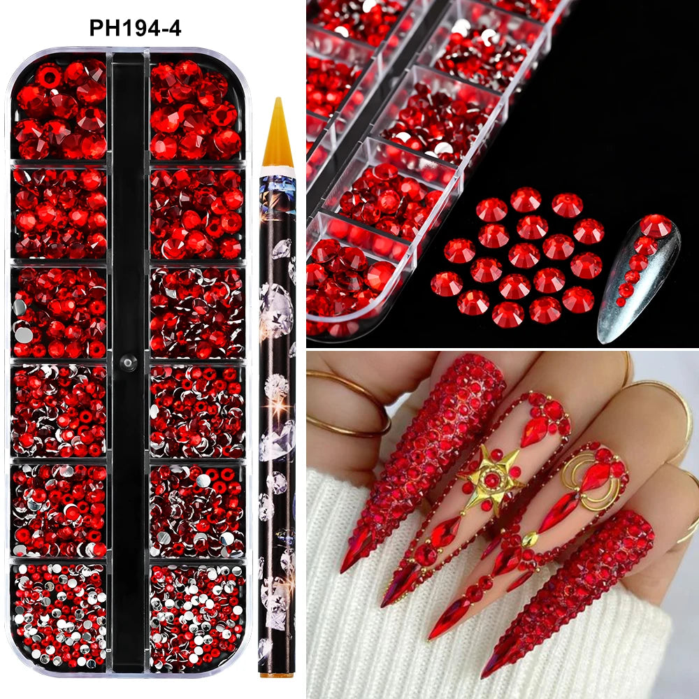 Un set de perles et outils pour l'art des ongles en résine, avec des paillettes rouges et argentées dans diverses composition