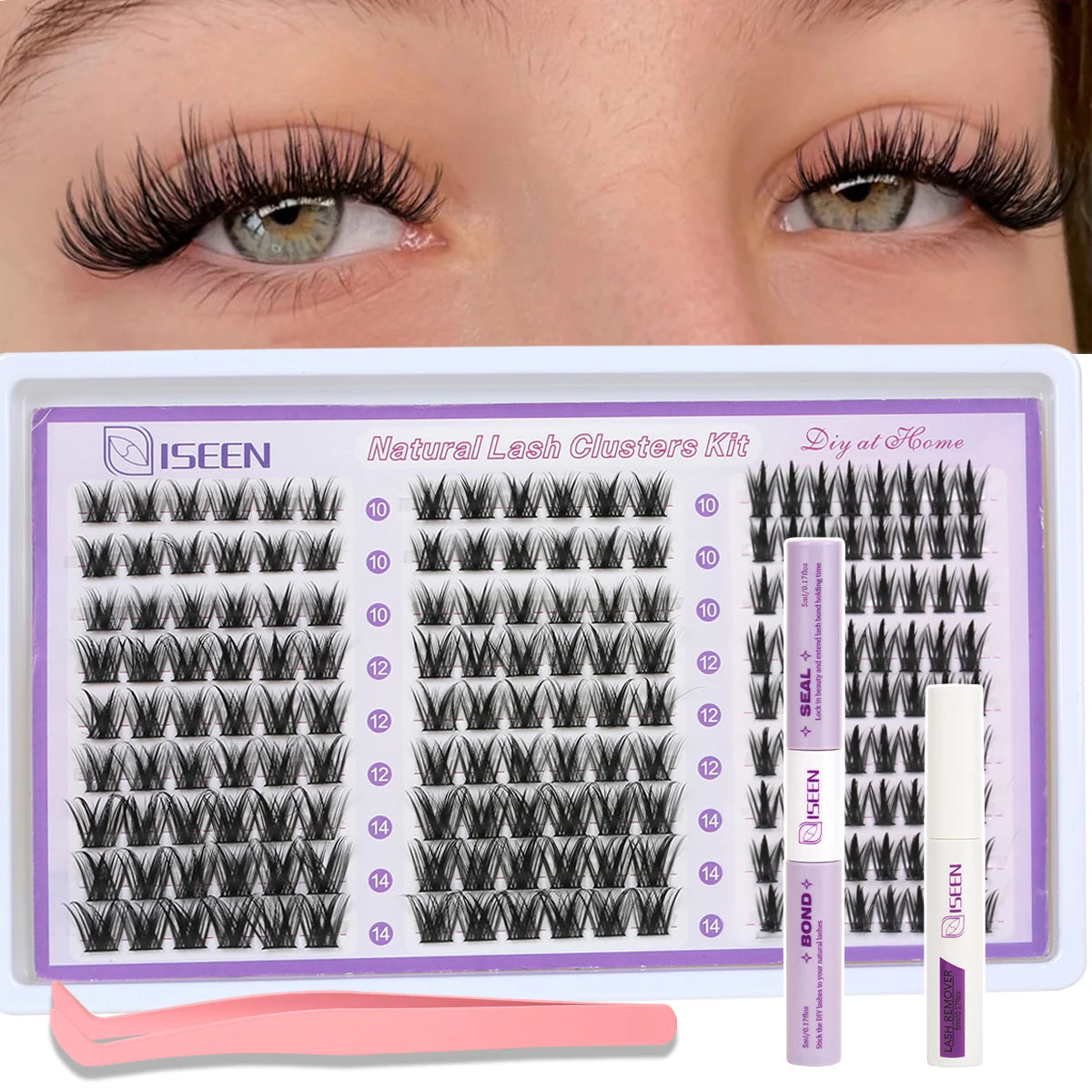 Set mit natürlichen Wimpernclustern und professionellen Werkzeugen für DIY-Augenwimperverlängerungen.