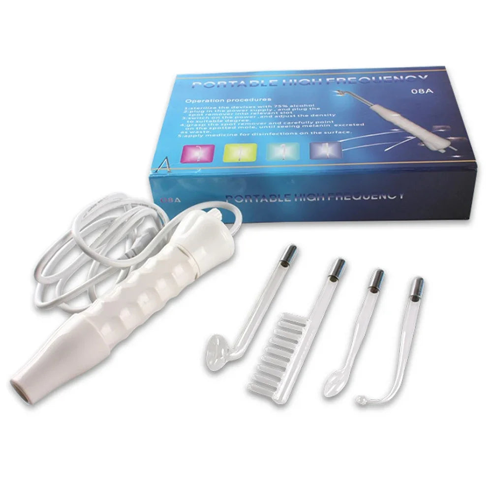 A box and various wand attachments for a 4-in-1 High-Frequency Electrotherapy device.