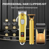 A professional hair clippers kit showing a yellow trimmer, a gold brush, and a black shaver on a dark background.