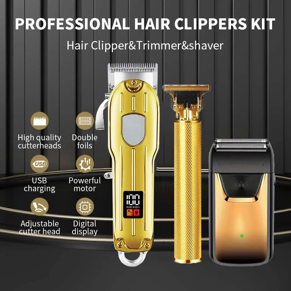 A professional hair clippers kit showing a yellow trimmer, a gold brush, and a black shaver on a dark background.