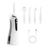 A white portable electric oral irrigator with three cleaning modes and various tips shown separately.