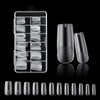 A collection of frosted French false nails in various natural finishes displayed in a clear plastic case and loose.