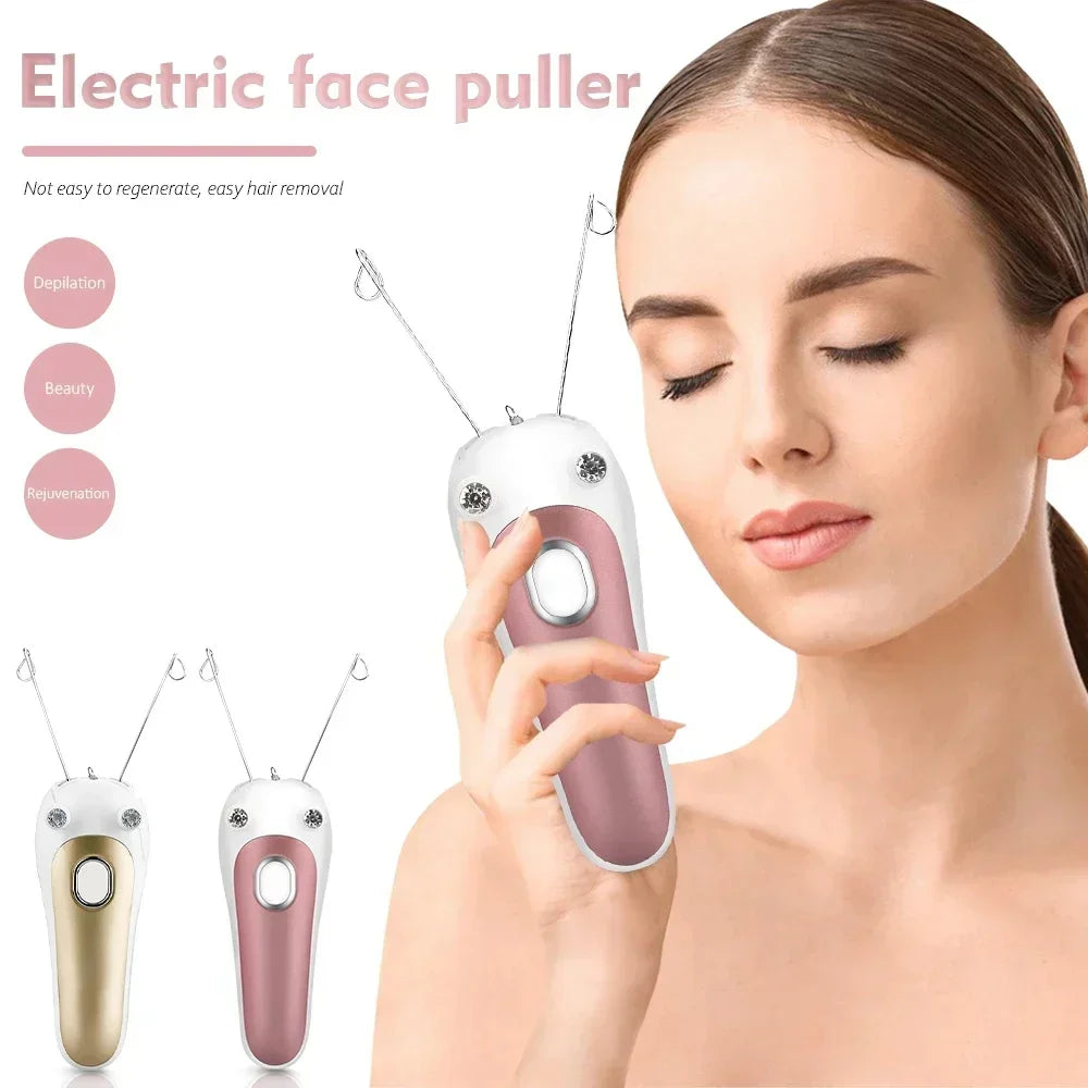 A woman is using an electric face puller device to remove facial hair.