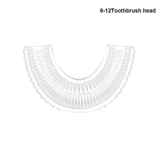 A clear 6-12 tooth brush head for a kids electric toothbrush with a cartoon design.