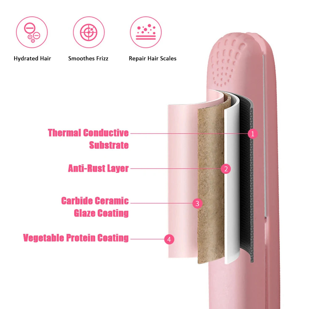 Pinkes Keramik-Glätteisen für das Haar mit mehreren Beschichtungsschichten neben einer Diagramm der Haarvorteile.